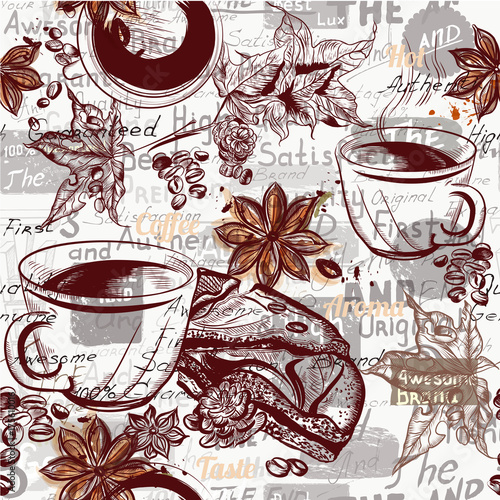 Coffee vector pattern background with engraved coffee cups, grains, maple and star anise