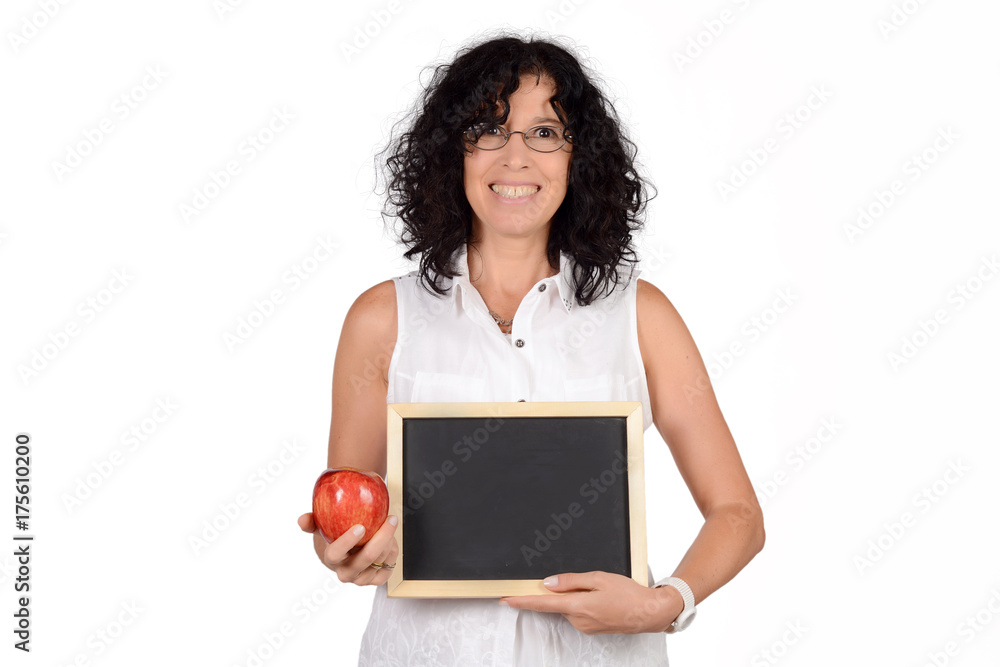School teacher holding chalkboard. School teacher holding chalkboard.