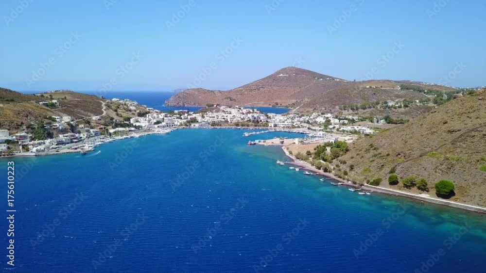 Aerial drone video of port of Patmos island, Dodecanese, Greece Aerial drone video of port of Patmos island, Dodecanese, Greece