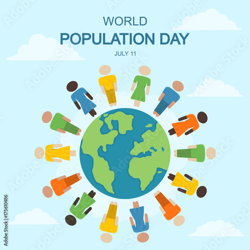 World Population Day, 11 July. People standing at Earth conceptual illustration vector.