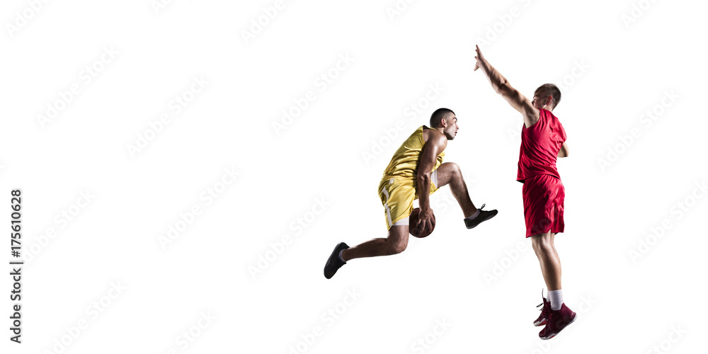 Basketball players makes slam dunk. Isolated basketball players on a white background. Player fight for the ball. Players wears unbranded clothes. Basketball players makes slam dunk. Isolated basketball players on a white background. Player fight for the ball. Players wears unbranded clothes.