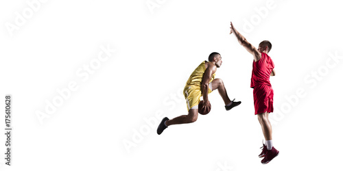 Basketball players makes slam dunk. Isolated basketball players on a white background. Player fight for the ball. Players wears unbranded clothes.