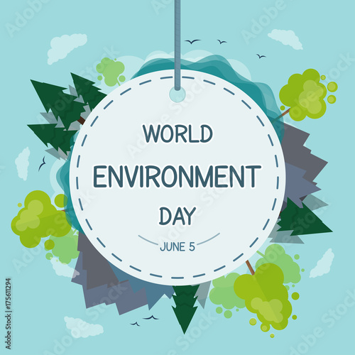 World Environment day, 5 June. Tree and mountains on Earth globe conceptual illustration vector.