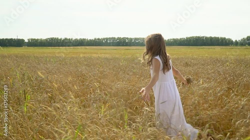 Cute little girl in the wheat harvest field - in touch with nature.The girl in a white dress goes across the field of gold wheat.The girl goes across the field of wheat and touches by a hand ears photo