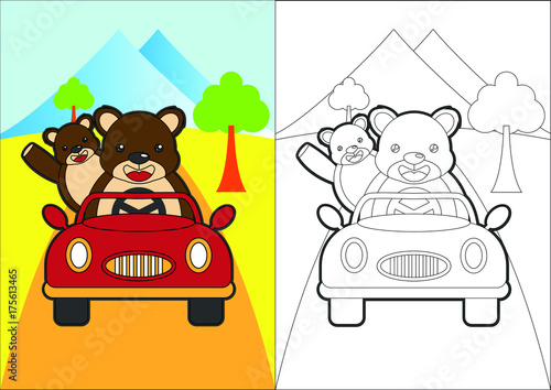 bears driving a car vector cartoon for coloring book or page