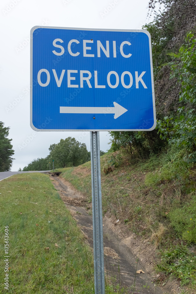 Highway sign indicating the entrance to the parking area for a scenic overlook in the Talladega National Forest in Alabama, USA Highway sign indicating the entrance to the parking area for a scenic overlook in the Talladega National Forest in Alabama, USA