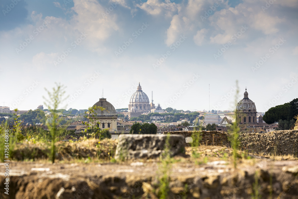 Obraz premium ancient ruins on Palatine Hill against St. Peter's Basilica, Rome, Italy, Europe