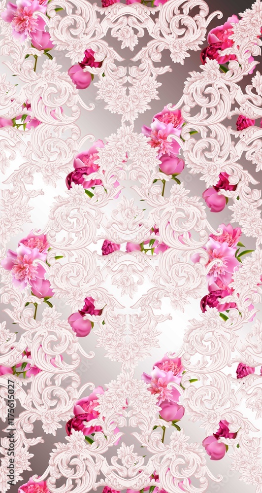 Baroque luxury ornament with roses flowers pattern Vector. Royal victorian rich decor backgrounds Baroque luxury ornament with roses flowers pattern Vector. Royal victorian rich decor backgrounds