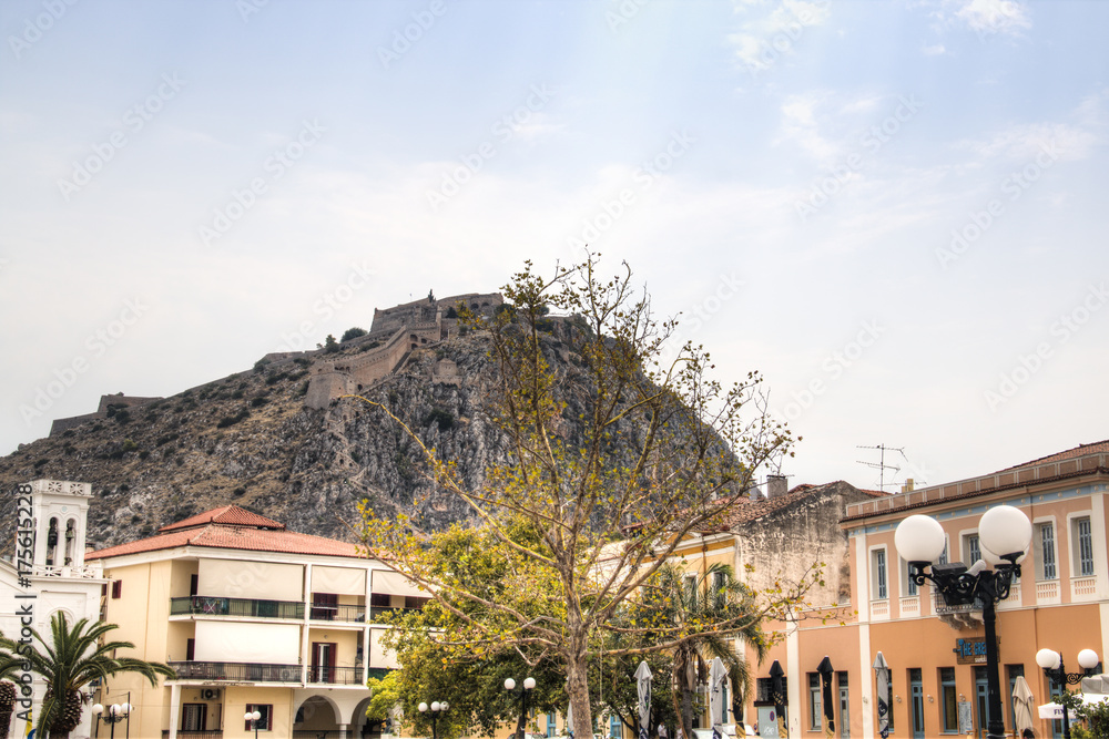 View on the magnificent Palamidi castle on a hill in the center of the ancient city Nafplio in Greece
