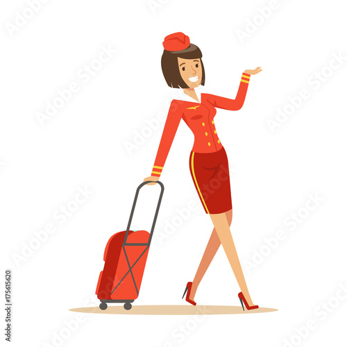 Pretty smiling stewardess carrying her luggage