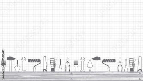 Professional handyman services . Vector banner template with tools collection and text space.  Set of repair tools on a sheet in a cage. Flat design. 