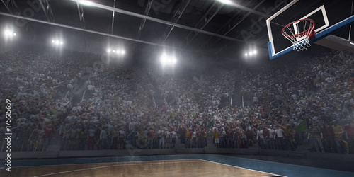 Professional basketball arena in 3D. Big basketball stadium with a lot of fans, bright light and a basketball hoop. Bottom view.