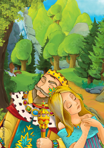 Cartoon scene of beautiful wedding pair prince and princess in the forest - illustration for children