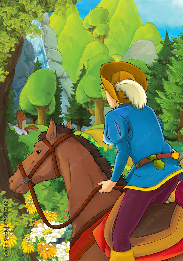 Kreskówka szlachcica jazda na białym koniu - książę lub król - ilustracja dla dzieci