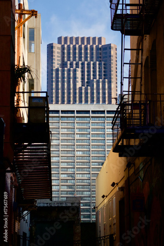 Photography Skyscraper view through an alley