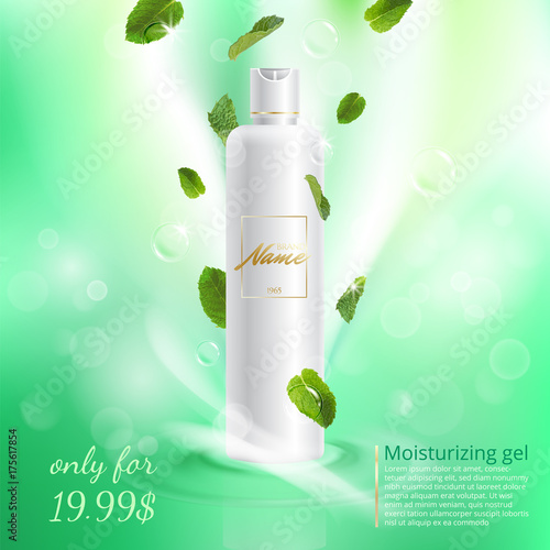 Advertising poster cosmetics shampoo, lotion, shower gel with extract or mint flavor. A model for the promotion of cosmetics in catalogs, magazines on web sites