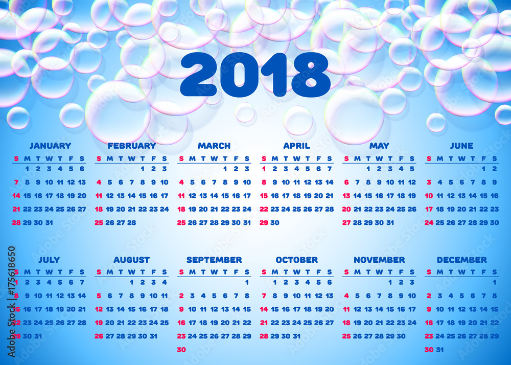 Calendar 18 Horizontal Format Starts On Sunday With Soap Bubbles Stock Vector Adobe Stock