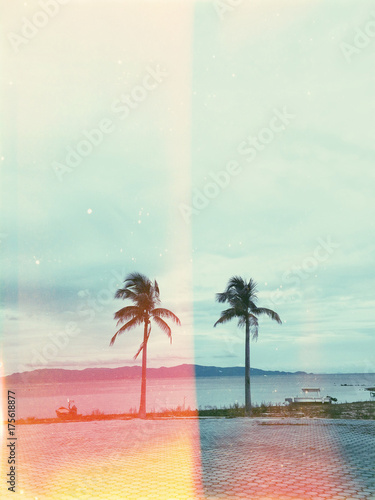 Palm trees near the pier in stormy day shot by iPhone with light leak effect photo