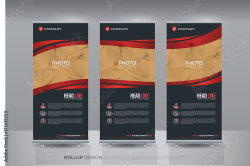 Business roll up for technology concept layout for business banner template. Red and black color presentation stand template. Vector illustration