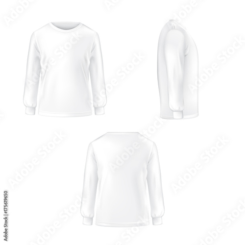 Set of vector illustration of a white T-shirt with long sleeves front, side and back view isolated on white background.