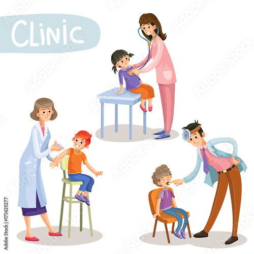 Set of working pediatrician doctors taking patients, listening to stethoscope, checking throat, making vaccine injection in childrens clinic cartoon vector illustration isolated on white background