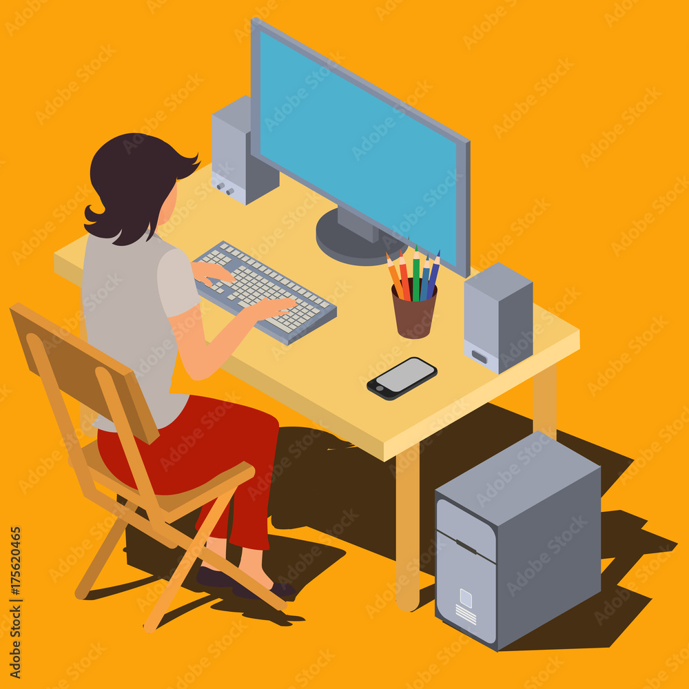 Woman sitting at desk, typing on keyboard, working on computer isometric vector illustration. Female pc user, home work station, distant work or study, IT related profession or freelance 3d concept Woman sitting at desk, typing on keyboard, working on computer isometric vector illustration. Female pc user, home work station, distant work or study, IT related profession or freelance 3d concept