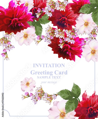 Invitation Card floral vector. Colorful beautiful flowers. Fuchsia and red co...