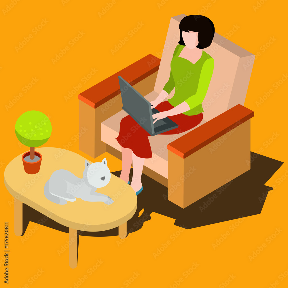 Woman sitting on the armchair, typing on keyboard, working on laptop isometric vector illustration. Female pc user, home work, distant work or study, IT related profession or freelance 3d concept