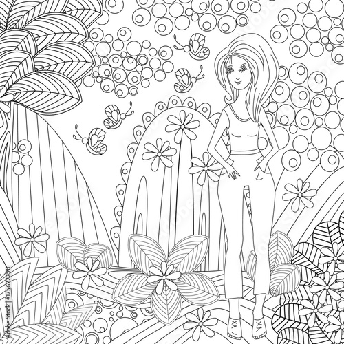 happy young woman in fantasy forest for coloring book