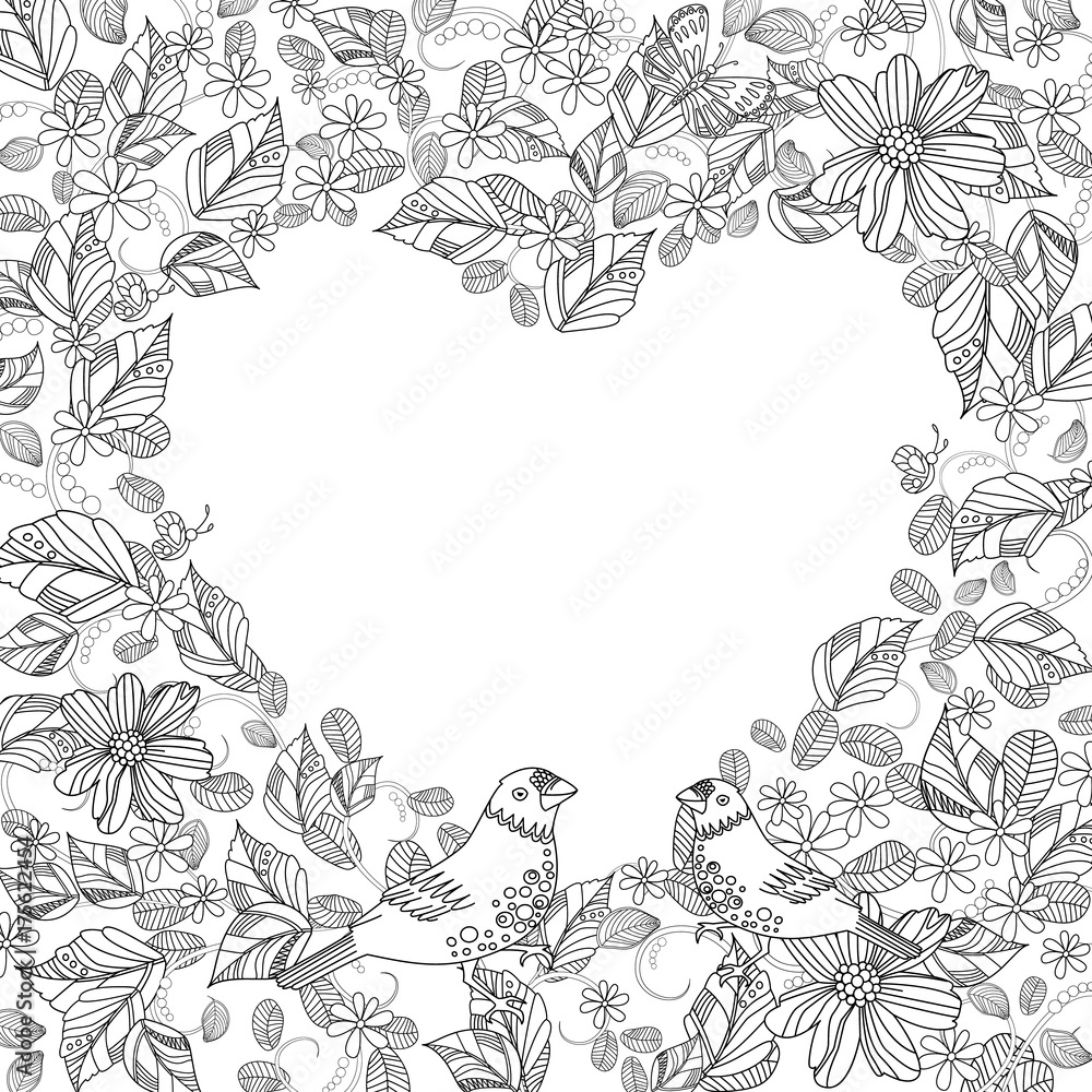 Fototapeta premium romantic heart with birds and floral ornament for your coloring