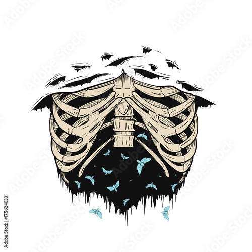 Human ribs or rib cage with flying moths in retro vintage style. Design template for tattoo, print, cover. Vector illustration.