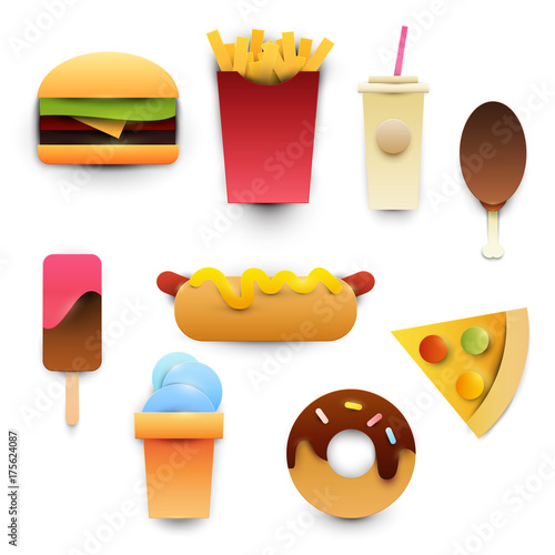 Paper cut cartoon fast food in realistic trendy craft style. Modern origami design. Concept branding greeting card, cover, poster, banner. Vector illustration.