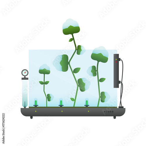 Cotton plants. Creative inspiration concept with futuristic technology mechanical device and natural organic products. Vector illustration.