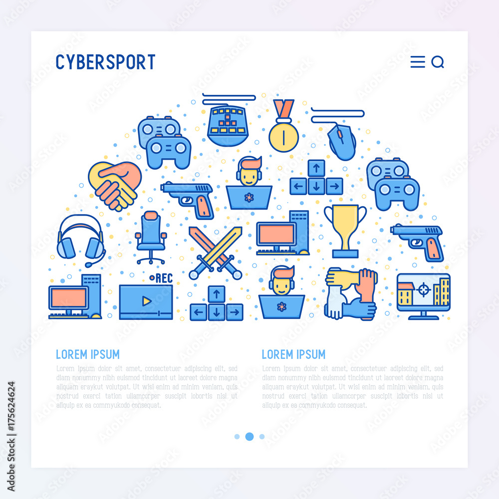 Cybersport concept in half circle with thin line icons: gamer, computer games, pc, headset, mouse, game controller. Modern vector illustration for banner, web page, print media. Cybersport concept in half circle with thin line icons: gamer, computer games, pc, headset, mouse, game controller. Modern vector illustration for banner, web page, print media.