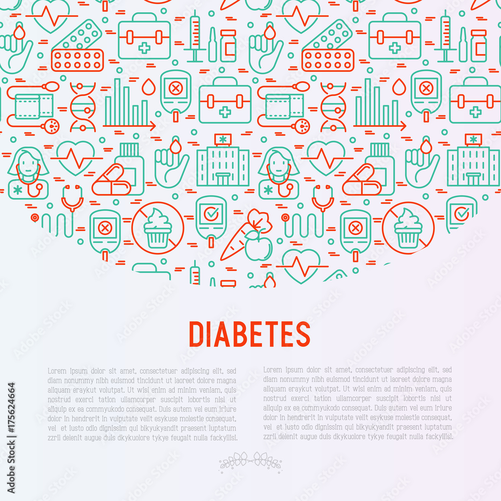 Fototapeta Diabetes concept with thin line icons of symptoms and prevention care. Vector illustration for background of medical survey or report, for banner, web page, print media.