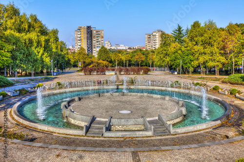 A large circular fountain in front of the Museum of Yugoslavia, HDR image.