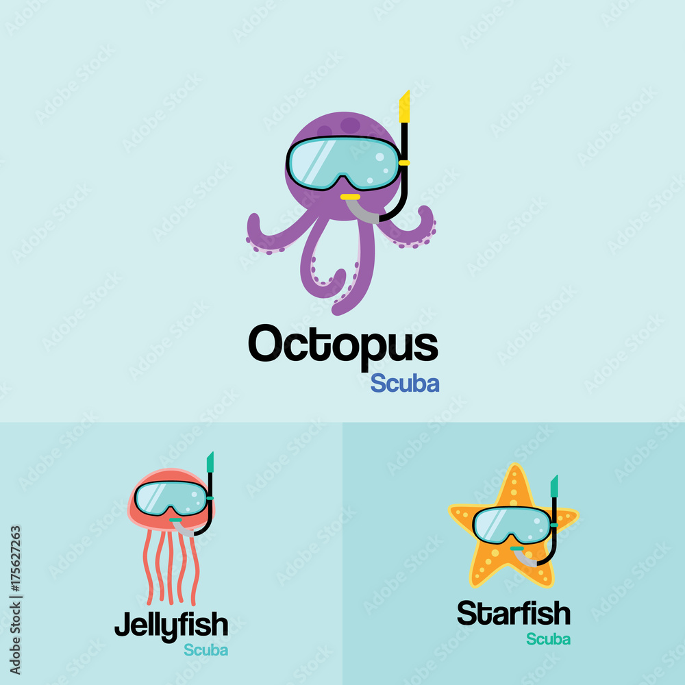 Naklejka premium Sea life Animal Scuba Logo Template. Octopus, Jellyfish, Starfish with scuba diving mask in flat design for Diving and Snorkeling equipment shop, diving School.