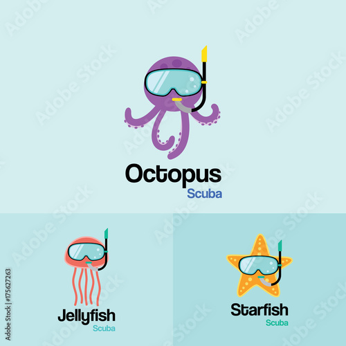 Sea life Animal  Scuba Logo Template. Octopus, Jellyfish, Starfish with scuba diving mask in flat design for Diving and Snorkeling equipment shop, diving School.