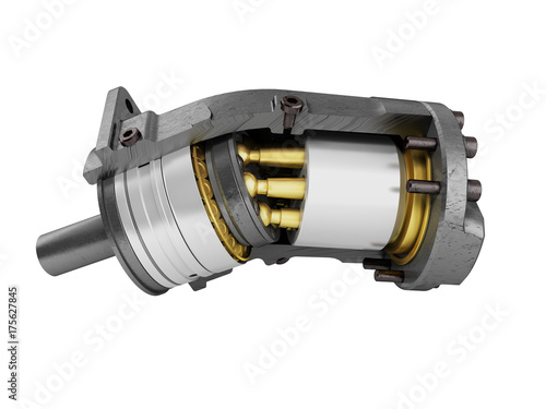 Hydraulic motor in a section of gold on the left 3d render on a white background no shadow