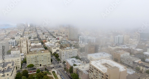 Aerial skyline of foggy San Francisco