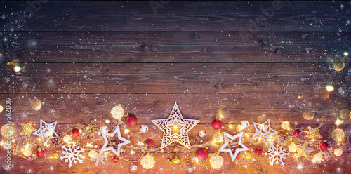 Christmas Vintage Card - Decoration And Lights On Dark Table