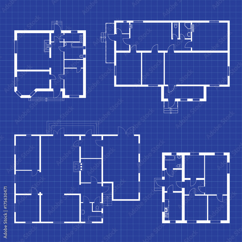 Fototapeta premium Set of floor plans blueprints. Vector unfurnished ground floor plans for your design. Suburban houses icons collection.