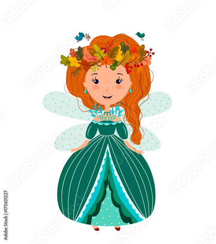 Cute beautiful Princess fairy in a wreath of leaves. The red-haired girl in a flat style.