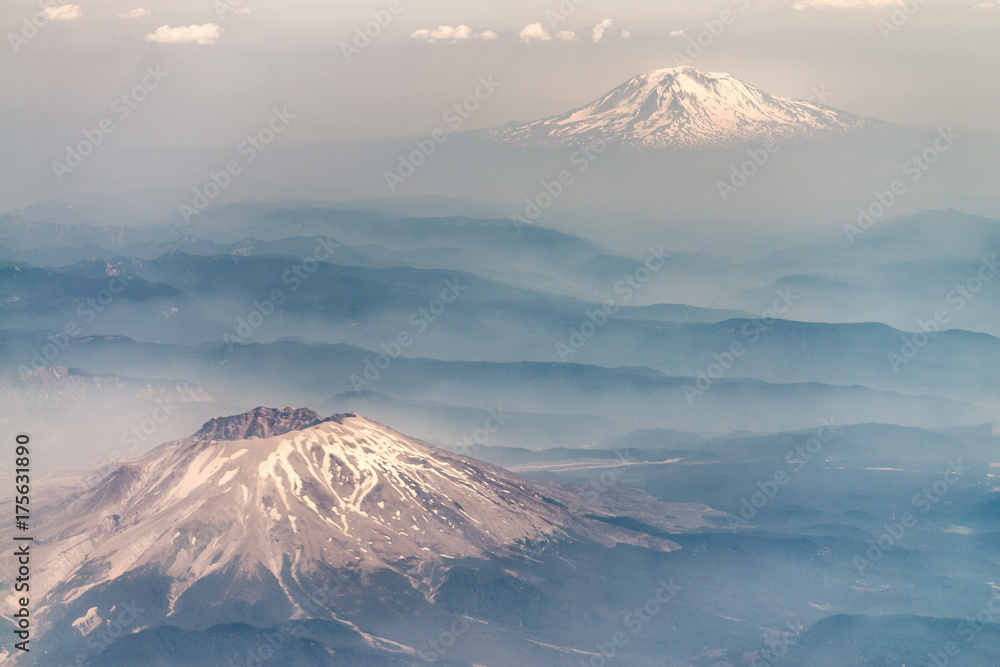 St Helens Volcano and Mount Adams from airplane