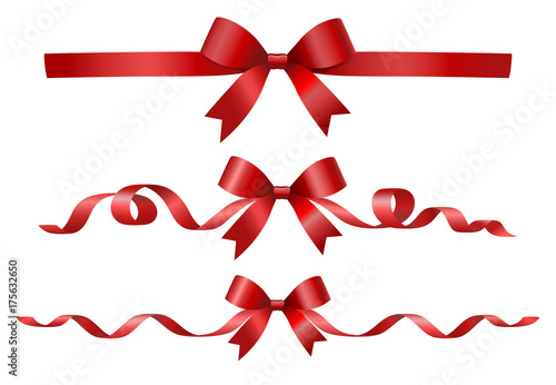 Set of decorative beautiful red bows with horizontal ribbons isolated on white. Vector bow