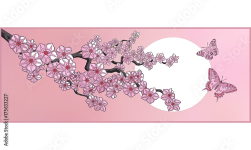 Spring branch with pink flowers, moon and butterflies 