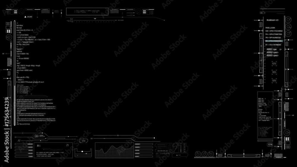 Heads up display interface infographic Alpha PNG.Technological pattern.Good for tech video overlay.As HUD infographic material texture for 3D models animation.Type 2