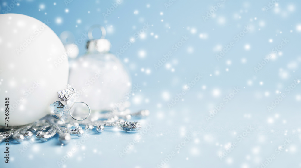 Christmas background with white ornaments on light blue background with  snow. Merry christmas greeting card, banner. Winter holiday xmas theme.  Happy New Year. Stock Photo | Adobe Stock