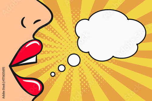 Girl says - female lips and blank speech bubble. Woman speak. Comic illustration in pop art style at sunburst background with dot halftone effect. Vector.