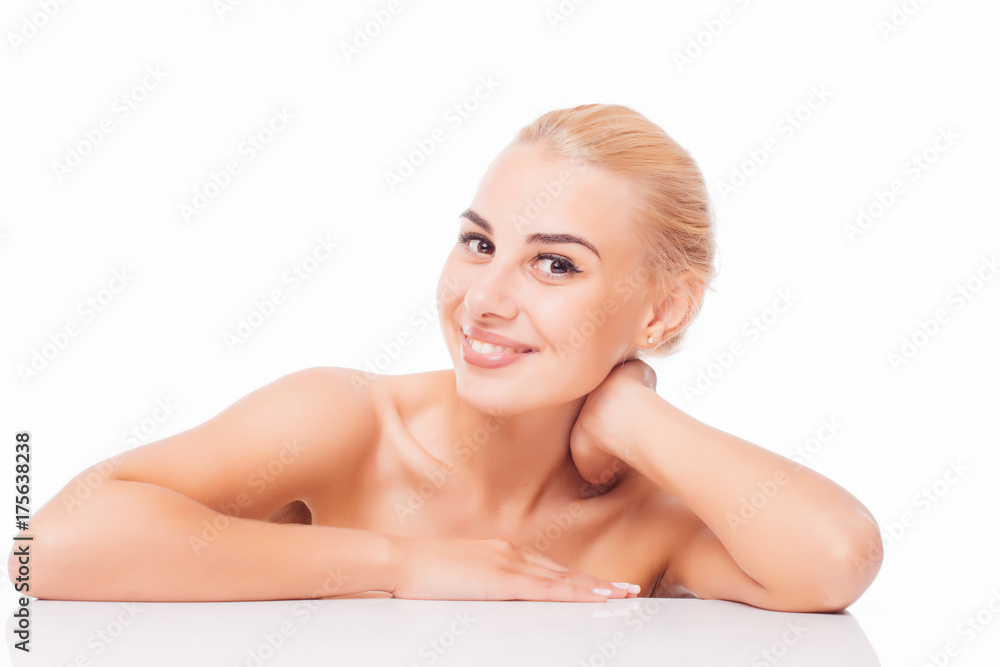 Beauty Woman face Portrait. Beautiful model Girl with Perfect Fresh Clean Skin. Blonde brunette short hair Youth and Skin Care Concept isolated on a white background Beauty Woman face Portrait. Beautiful model Girl with Perfect Fresh Clean Skin. Blonde brunette short hair Youth and Skin Care Concept isolated on a white background